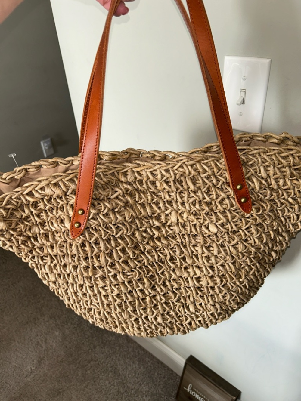 J Jill Woven Straw Tote Leather Strap Beach Bag Market Boho Large - Picture 9 of 11